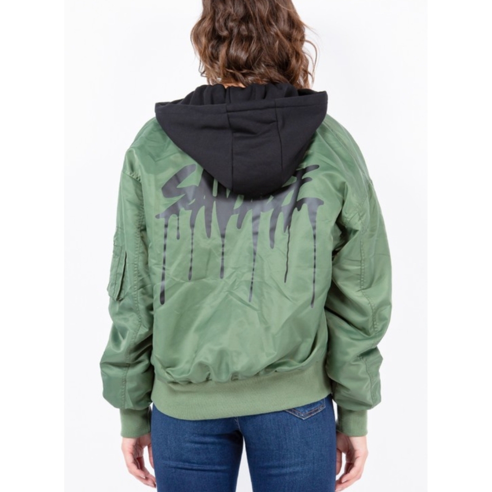 Olive Green Bomber Jacket with Relaxed Fit and Ribbed Details Women's Size L